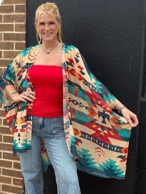 Vibrant Aztec Print Kimono - Teal, Red, Beige